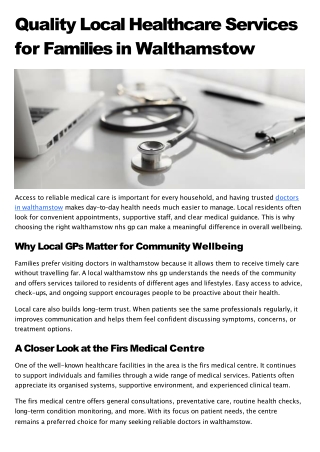Quality Local Healthcare Services for Families in Walthamstow