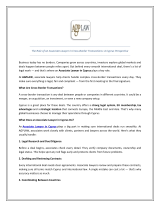 The Role of an Associate Lawyer in Cross-Border Transactions A Cyprus Perspective