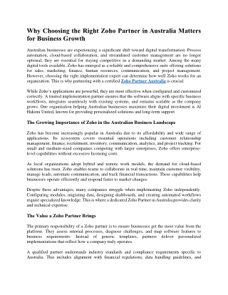 Why Choosing the Right Zoho Partner in Australia Matters for Business Growth