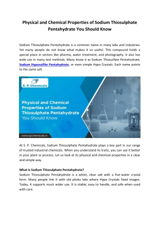 Physical and Chemical Properties of Sodium Thiosulphate Pentahydrate You Should Know