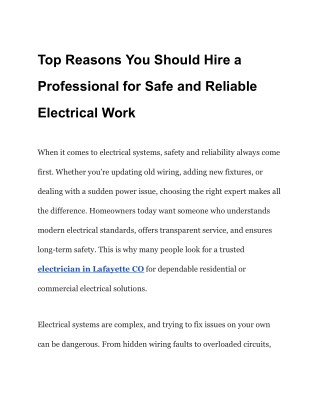 Top Reasons You Should Hire a Professional for Safe and Reliable Electrical Work