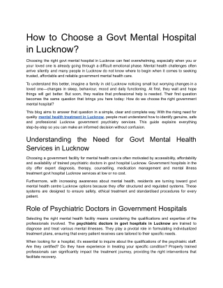 How to Choose a Govt Mental Hospital in Lucknow?