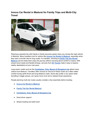 Innova Car Rental in Madurai for Family Trips and Multi-City Travel