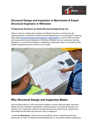 Structural Design and Inspection in Manchester & Expert Structural Engineers in Wilmslow