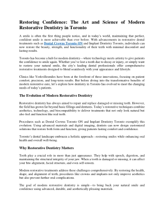 Restoring Confidence: The Art and Science of Modern Restorative Dentistry