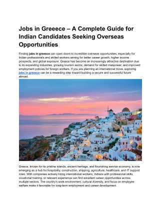 Jobs in Greeece – A Complete Guide for Indian Candidates Seeking Overseas Opportunities