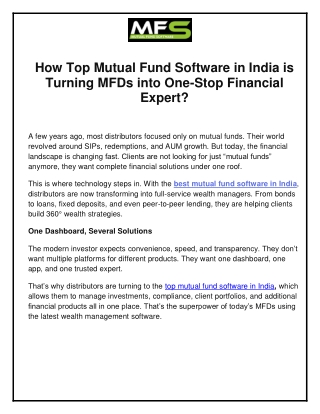 How Top Mutual Fund Software in India is Turning MFDs into One-Stop Financial Expert