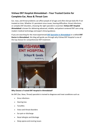 Vishwa ENT Hospital Ahmedabad – Your Trusted Centre for Complete Ear, Nose & Throat Care