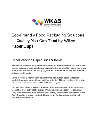 Eco-Friendly Food Packaging Solutions by Wikas Paper Cups