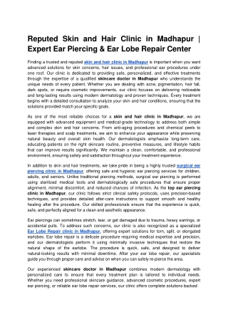 Reputed Skin and Hair Clinic in Madhapur _ Expert Ear Piercing & Ear Lobe Repair Center