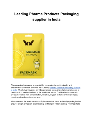 Leading Pharma Products Packaging supplier in India