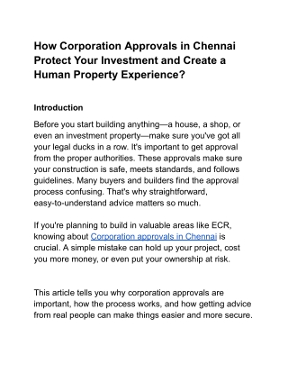 How Corporation Approvals in Chennai Protect Your Investment and Create a Human Property Experience