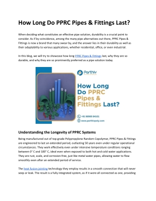 PPRC Pipes & Fittings - Parthiv Poly