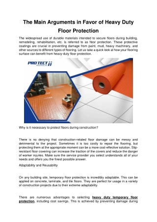 The Main Arguments in Favor of Heavy Duty Floor Protection