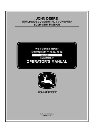 John Deere Mowmentum™ JS35 Walk-Behind Mower Operator’s Manual Instant Download (pin.010001-) (Publication No.OMGX22822)