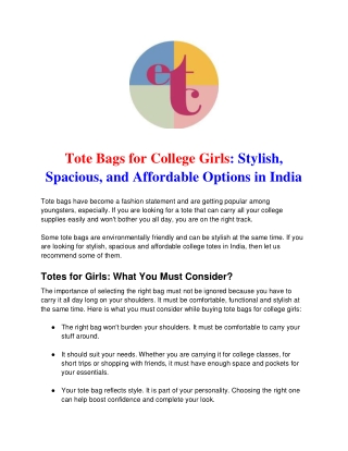 Tote Bags for College Girls_ Stylish, Spacious, and Affordable Options in India
