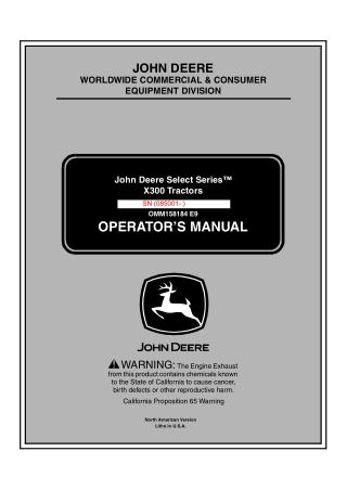 John Deere Select Series™ X300 Tractors Operator’s Manual Instant Download (PIN085001-) (Publication No.OMM158184)