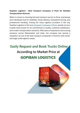 Gopiban Logistics - Best Transport Company in Pune for Reliable Transportation Services