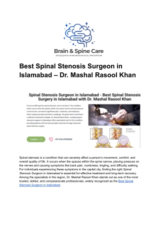 Best Spinal Stenosis Surgeon in Islamabad