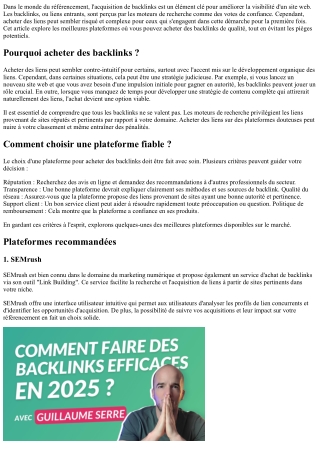 Les plateformes recommandées pour acheter vos premiers backlinks.