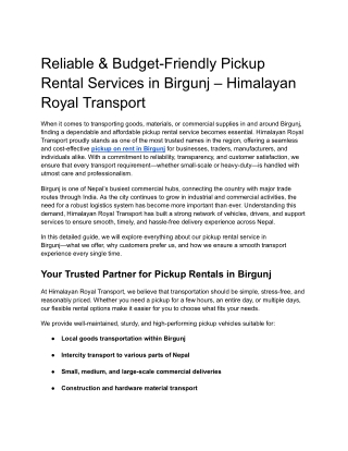 Affordable Pickup on Rent in Birgunj – Himalayan Royal Transport