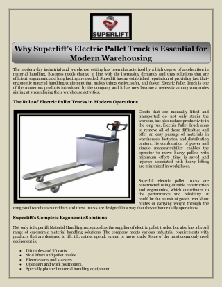 Why Superlift’s Electric Pallet Truck is Essential for Modern Warehousing