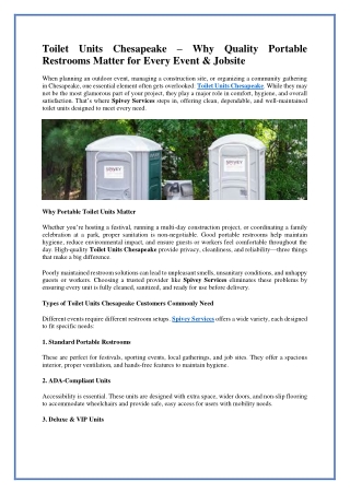 Construction Toilet Units Chesapeake | Spivey Services