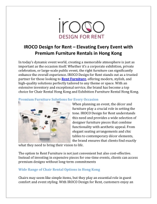 IROCO Design for Rent – Elevating Every Event with Premium Furniture Rentals in Hong Kong