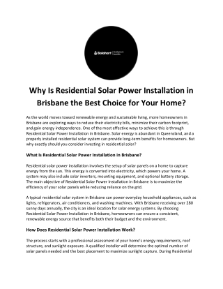 Why Residential Solar Power Installation in Brisbane Is the Smart Choice Home