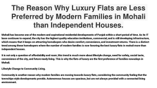 The Reason Why Luxury Flats are Less Preferred by Modern Families in Mohali than Independent Houses.