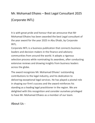 Mr. Mohamad Elhaies Best Legal Consultant of the Year 2025 – Corporate INTL