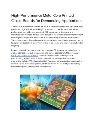High-Performance Metal Core Printed Circuit Boards for Demanding Applications