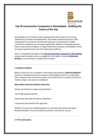 Top 10 Construction Companies in Ahmedabad – Building the Future of the City