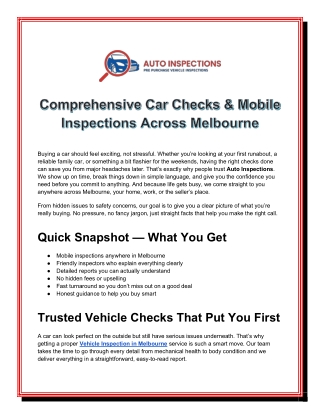 Comprehensive Car Checks & Mobile Inspections Across Melbourne
