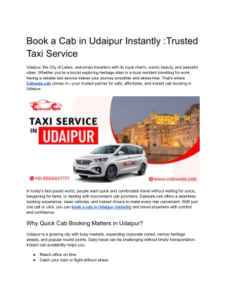 Book a Cab in Udaipur Instantly _Trusted Taxi Service