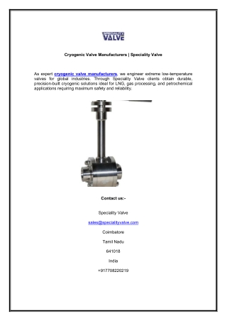 Cryogenic Valve Manufacturers | Speciality Valve
