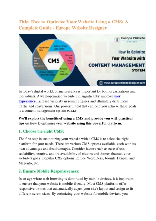 How to Optimize Your Website Using a CMS: A Complete Guide - Europe Website Desi