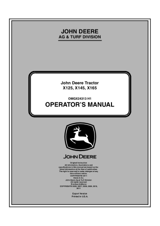 John Deere X125 Lawn Tractors Operator’s Manual Instant Download (PIN020001-) (Publication No. OMGX24313)