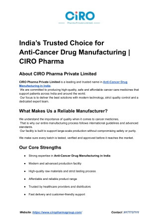 Anti-Cancer Drug Manufacturing _ CIRO Pharma