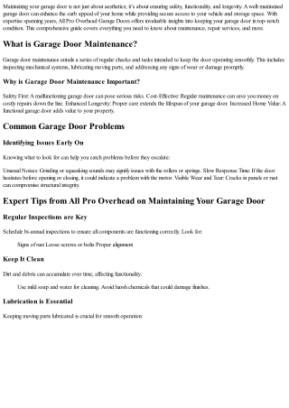 Expert Tips from All Pro Overhead on Maintaining Your Garage Door
