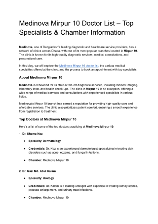 Medinova Mirpur 10 Doctor List – Top Specialists & Chamber Information