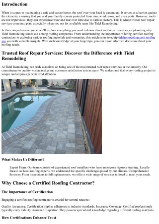 Trusted Roof Repair Services: Discover the Difference with Tidel Remodeling