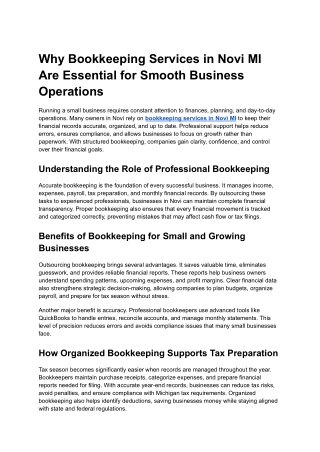 Why Bookkeeping Services in Novi MI Are Essential for Smooth Business Operations