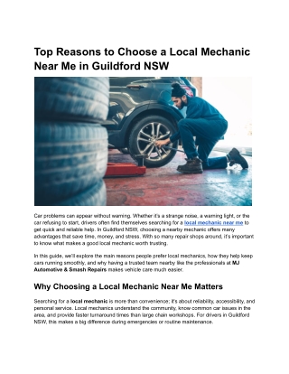 Top Reasons to Choose a Local Mechanic Near Me in Guildford NSW