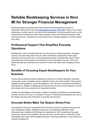 Reliable Bookkeeping Services in Novi MI for Stronger Financial Management