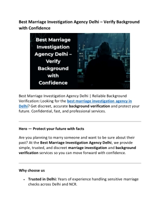 Best Marriage Investigation Agency Delhi – Verify Background with Confidence