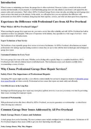 Experience the Difference with Professional Care from All Pro Overhead