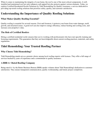 Certified Residential Roofer Solutions by Tidel Remodeling for Quality Assurance