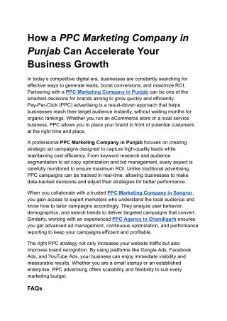 How a PPC Marketing Company in Punjab Can Accelerate Your Business Growth Fast