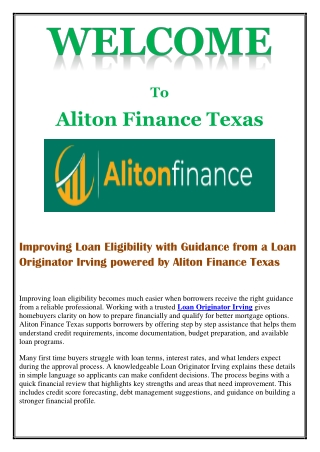 Improving Loan Eligibility with Guidance from a Loan Originator Irving powered by Aliton Finance Texas